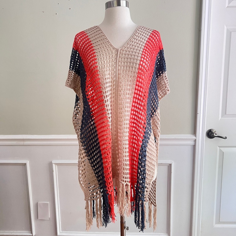 Crochet Poncho Women OS Colorblock Fringe V-Neck Mesh Coverup Multicolor Hippie - Picture 1 of 9